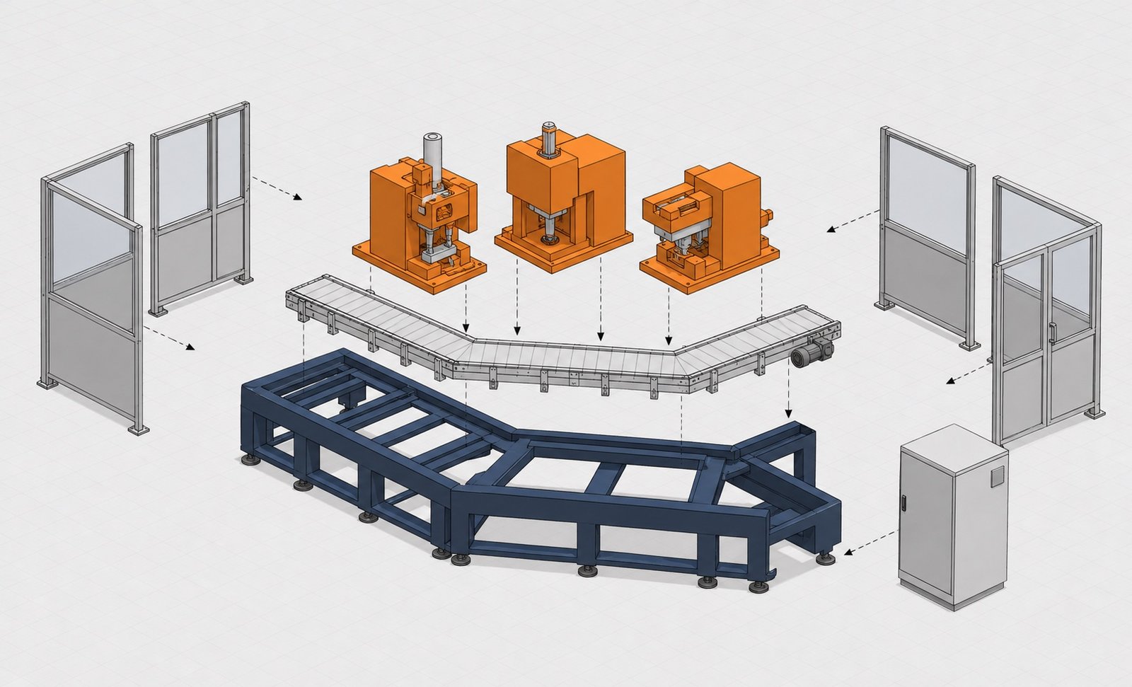 Exploded CAD view of the machine's major assemblies