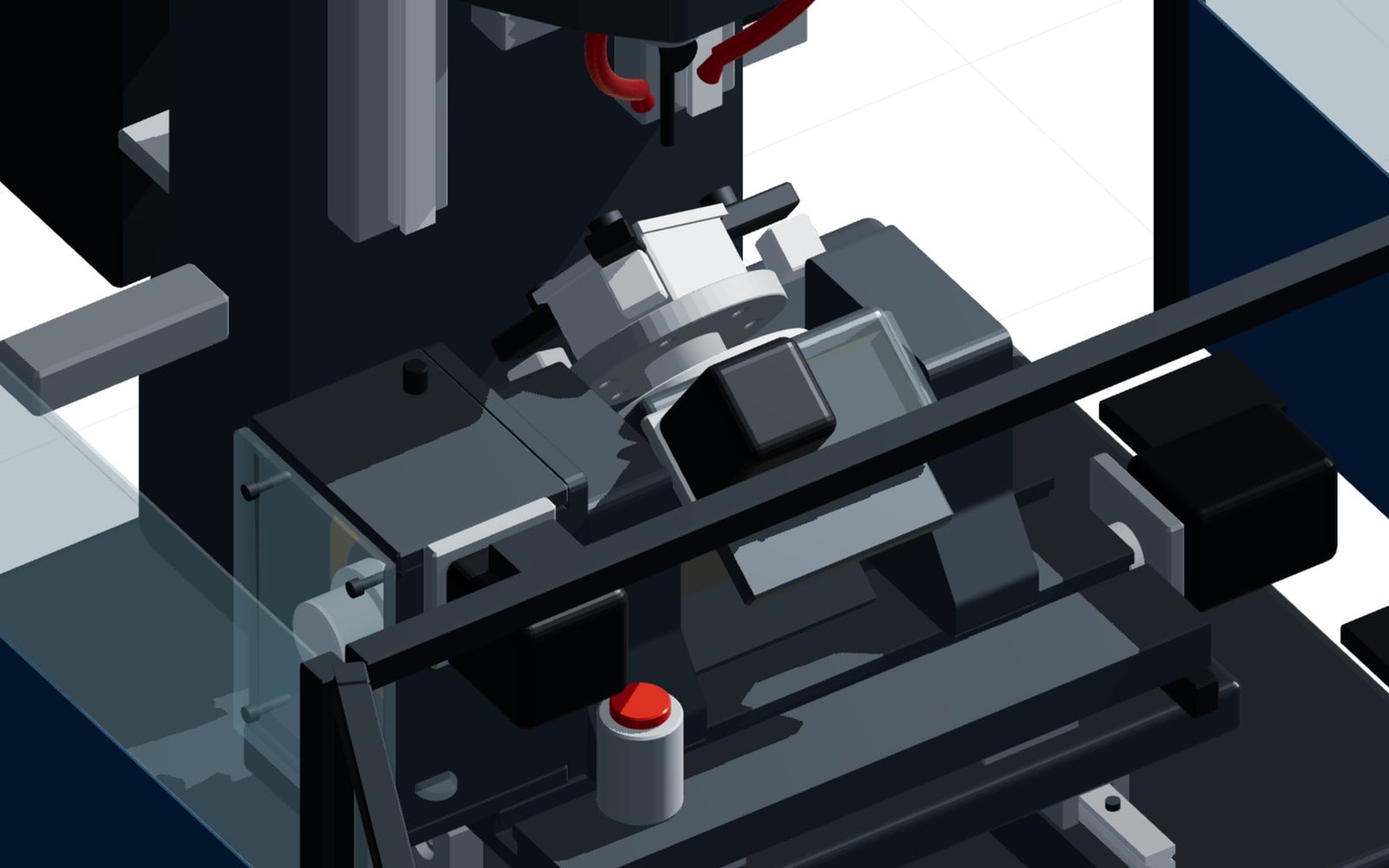 Working area with the trunnion swivelled, workpiece and cutter