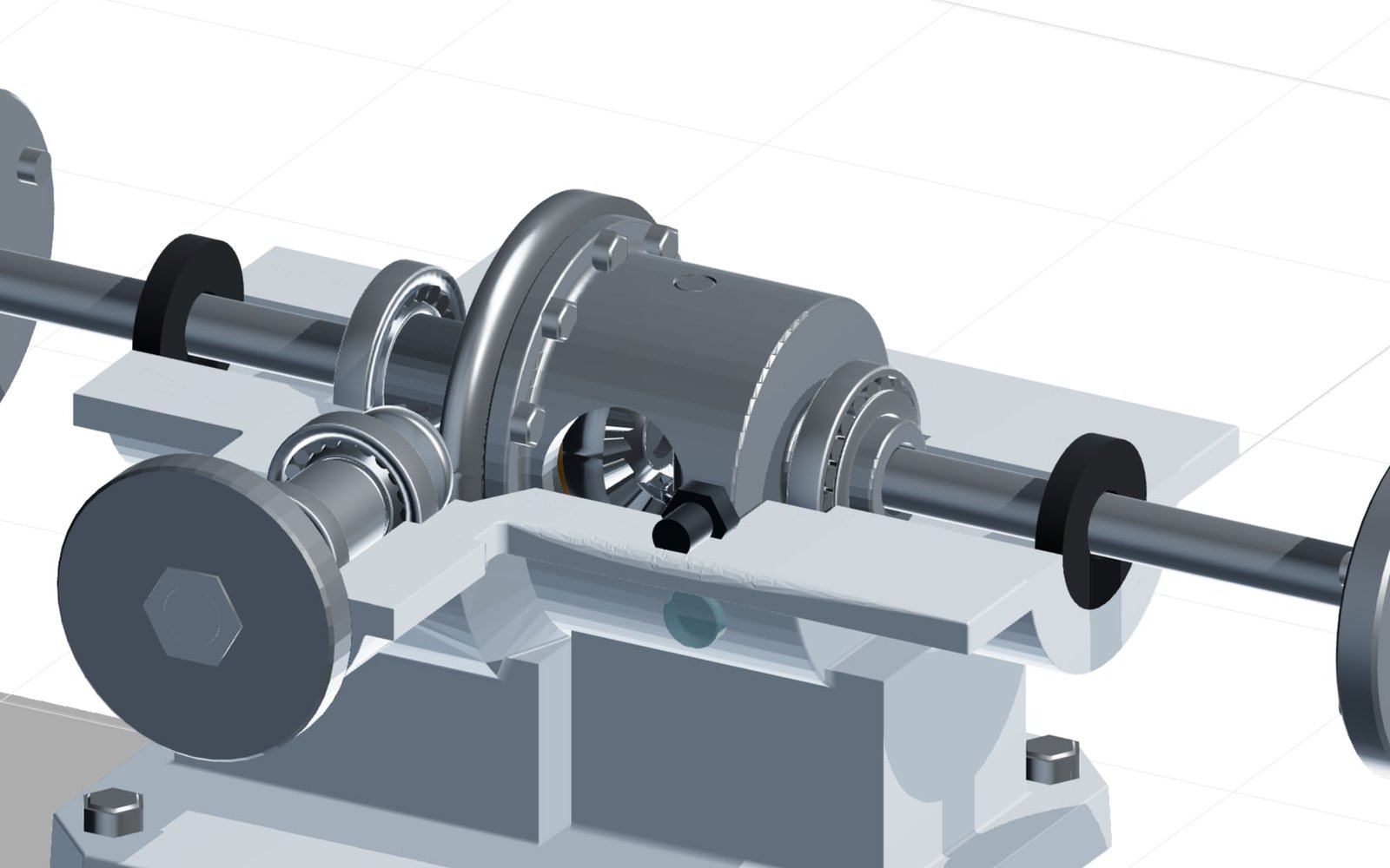 Differential with the cover removed, carrier and tapered roller bearings exposed