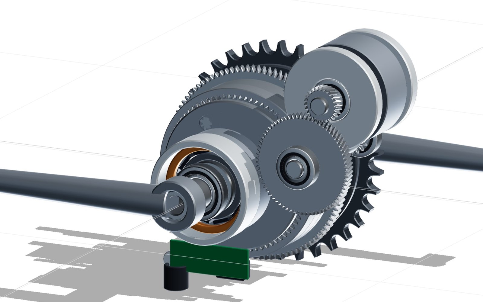 Driveline without the housing: motor, planetary stage and chainring