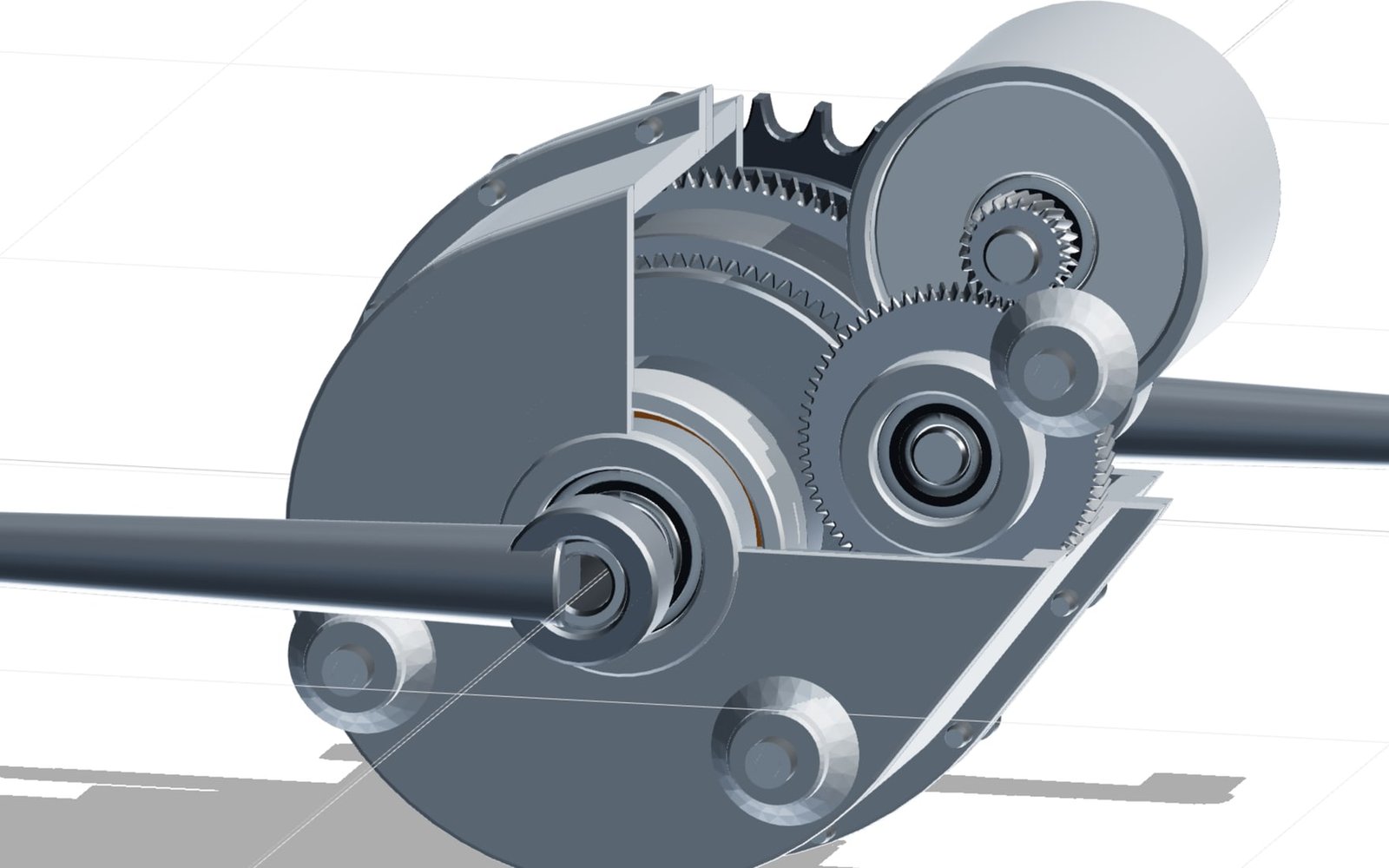 Section through the mid-drive with the ring gear, planet gears and bearings exposed